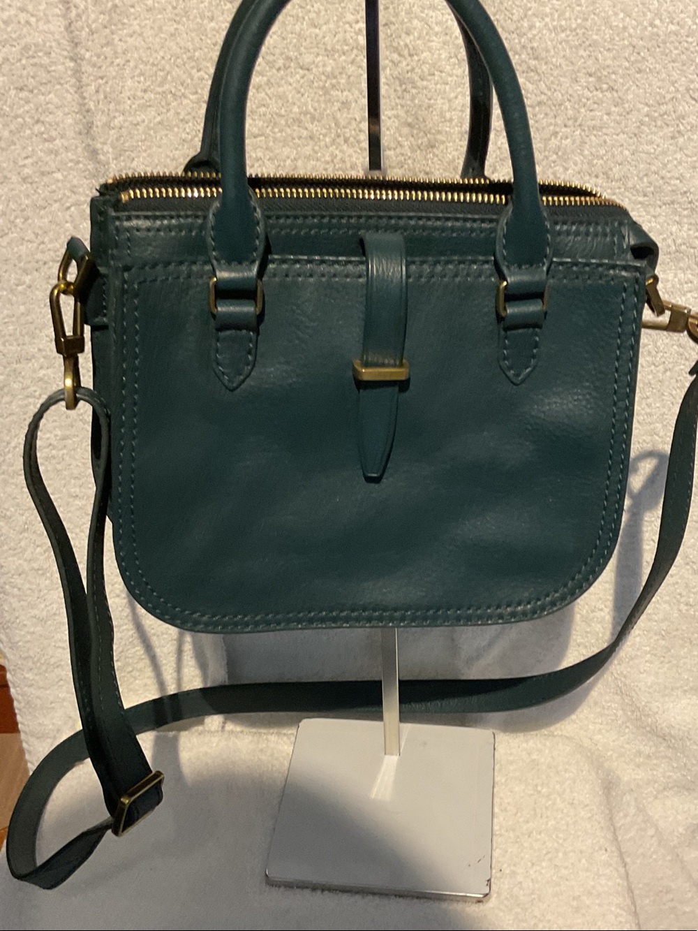 G025. Fossil Teal Leather Top-Handle Crossbody Bag